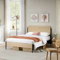 Metal Bed Frame with Curved Natural Rattan Headboard, No Box Spring Needed