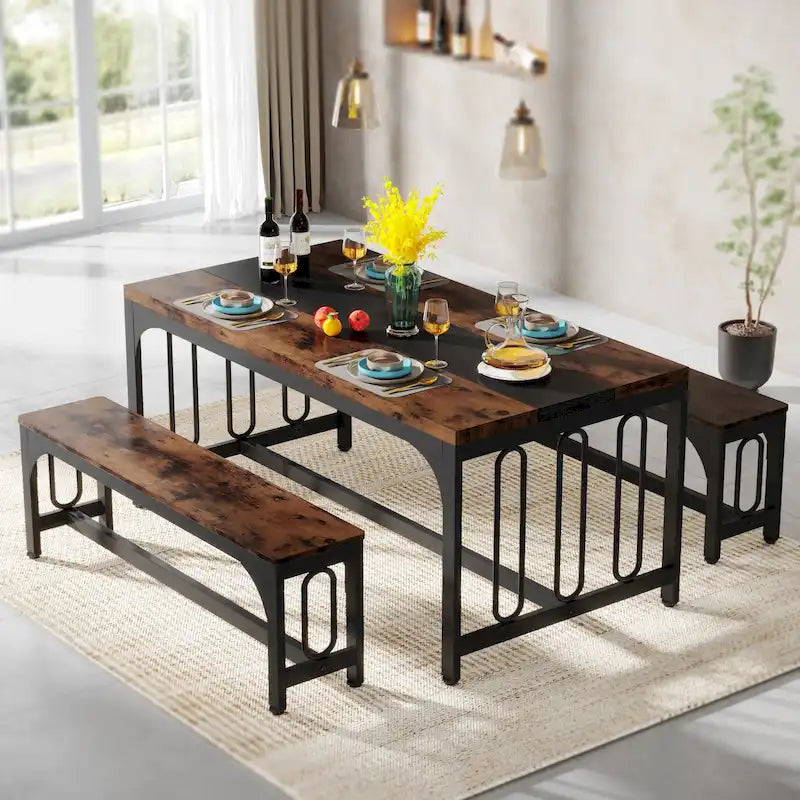 55 Inch Farmhouse Dining Table Set for 4 to 6, 3-Piece Kitchen Table with 2 Benches