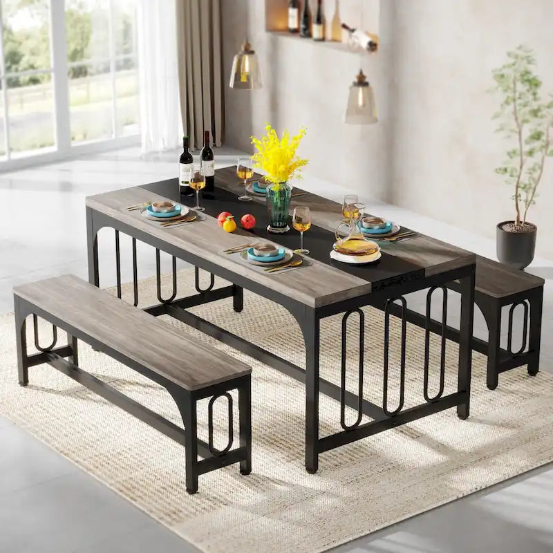 55 Inch Farmhouse Dining Table Set for 4 to 6, 3-Piece Kitchen Table with 2 Benches