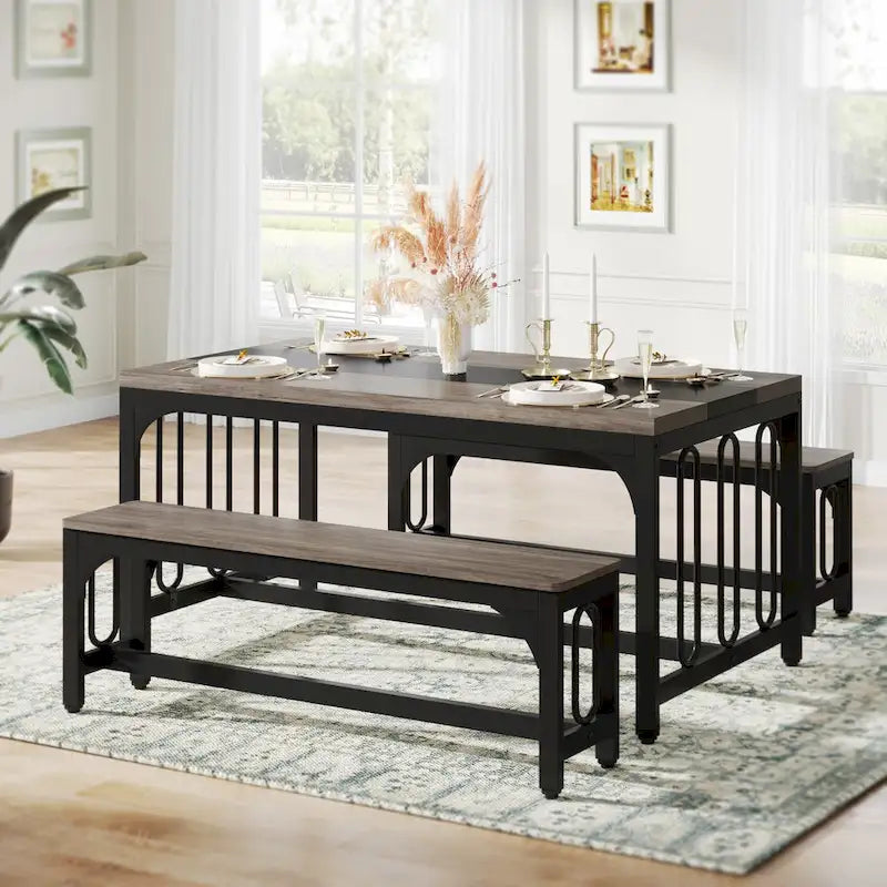 55 Inch Farmhouse Dining Table Set for 4 to 6, 3-Piece Kitchen Table with 2 Benches