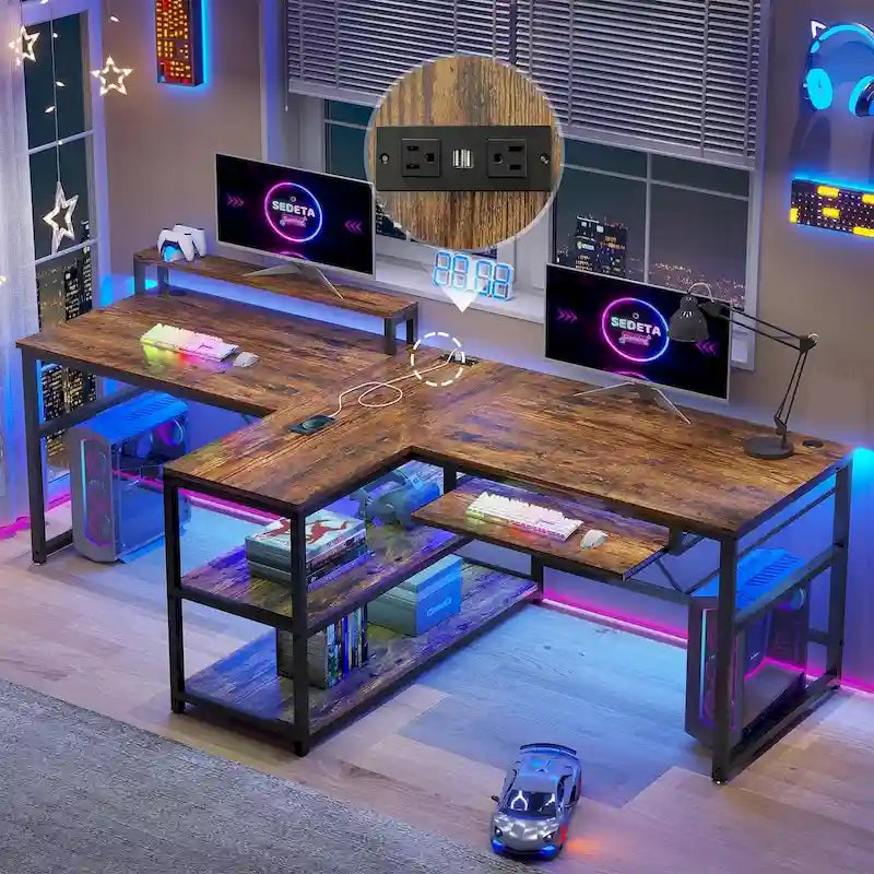 2-Person Double Computer Desk with LED Lighting and 2 Storage Shelves