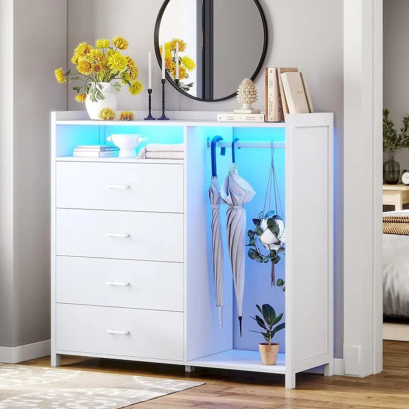 Bedroom Dresser with Clothing Rack, 4 Drawers and RGB LED Lights