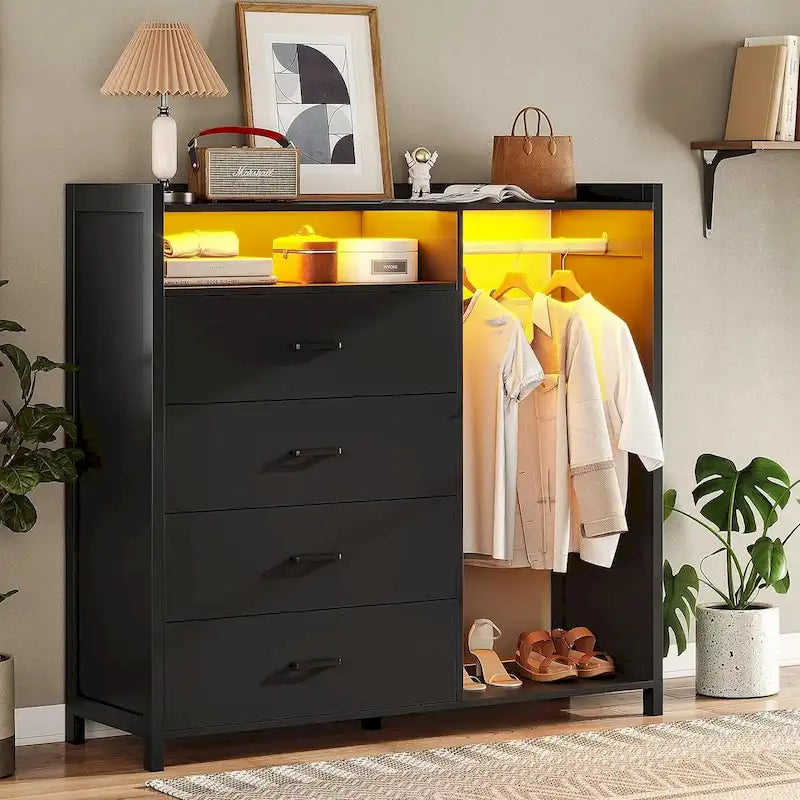Bedroom Dresser with Clothing Rack, 4 Drawers and RGB LED Lights