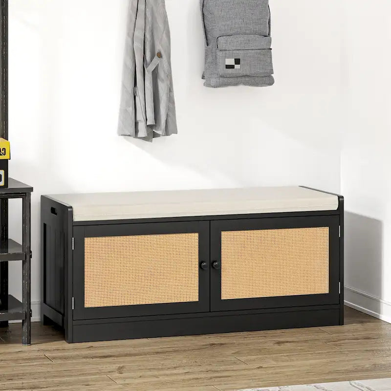 Rattan Shoe Storage Bench with Cushion and Adjustable Shelves, 39.8Wx15.7Dx18.1H
