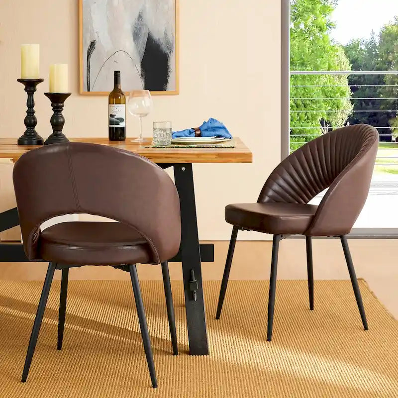 Mid-Century Modern Quilted PU Leather Dining Side Chair with Metal Legs, Set of 2