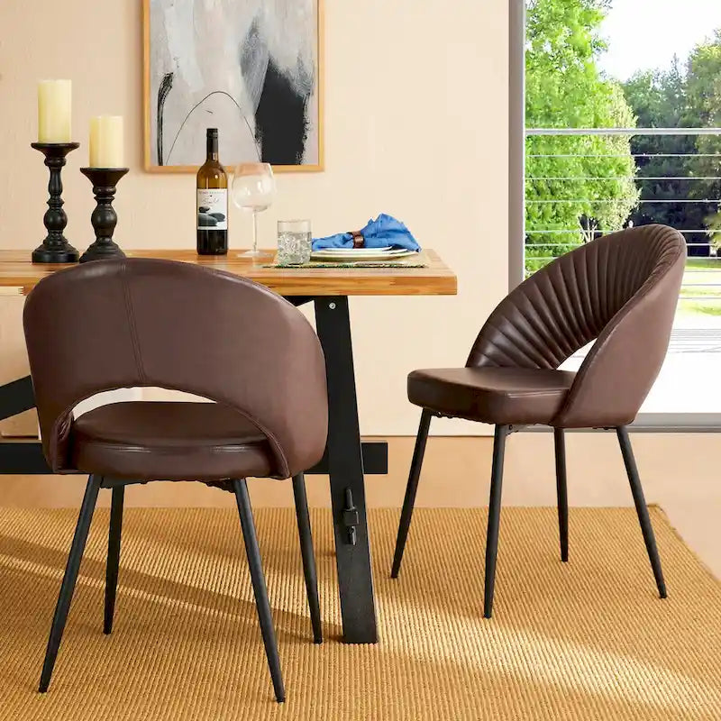 Mid-Century Modern Quilted PU Leather Dining Side Chair with Metal Legs, Set of 2
