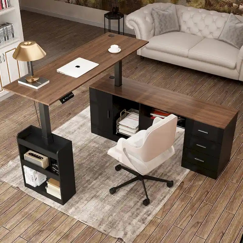 Height-Adjustable Home Office Desk with Storage Cabinet and Drawers
