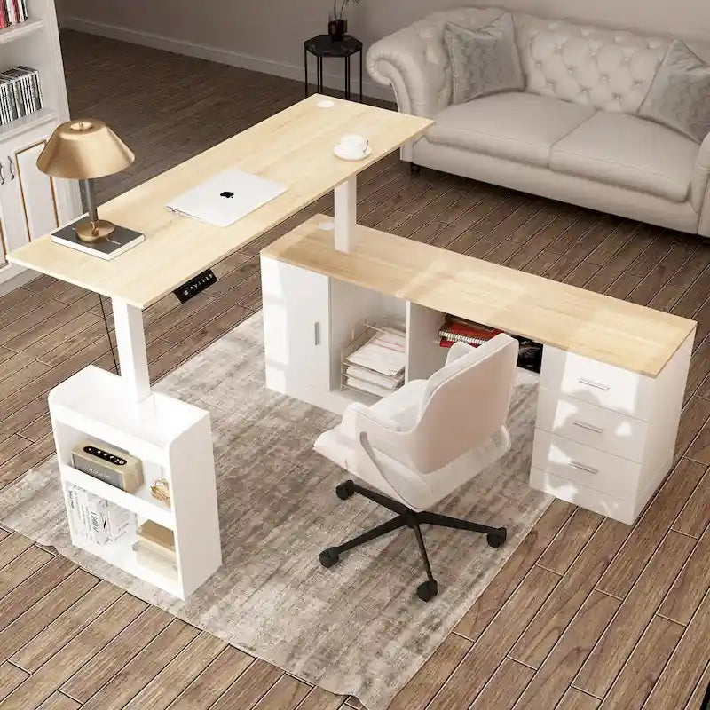 Height-Adjustable Home Office Desk with Storage Cabinet and Drawers