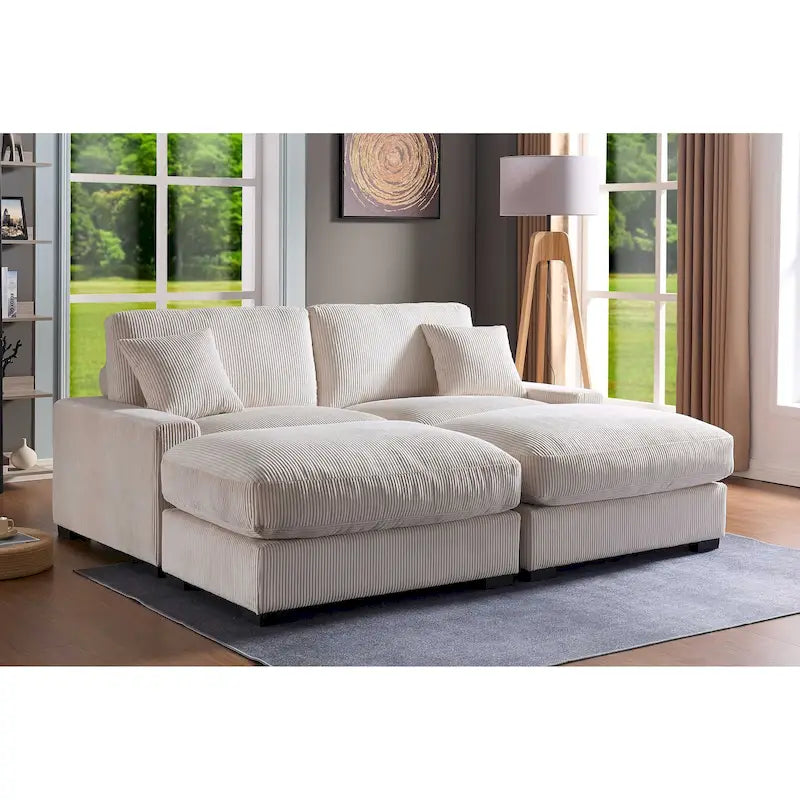 Corduroy Deep Seat Sectional Sofa with Ottoman Chaise and Pillows