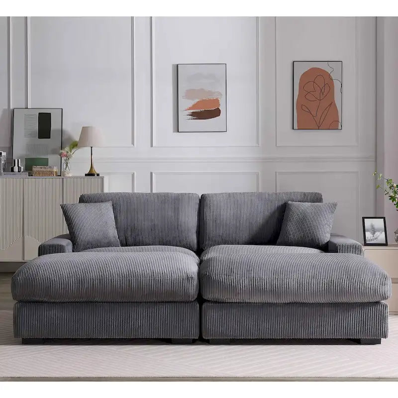 Corduroy Deep Seat Sectional Sofa with Ottoman Chaise and Pillows