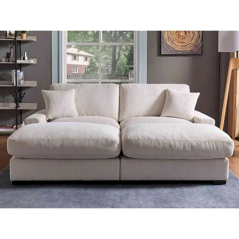Corduroy Deep Seat Sectional Sofa with Ottoman Chaise and Pillows