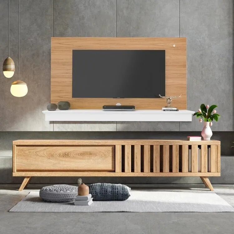 Floating TV Wall Entertainment Center with LED Strip and Shelf, Fits up to 55 Inch TVs