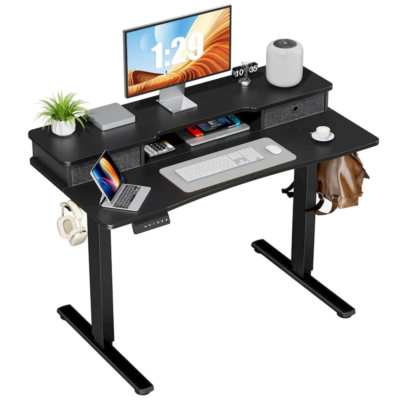 Black Adjustable Electric Standing Desk with Storage and Double Drawer for Home Office
