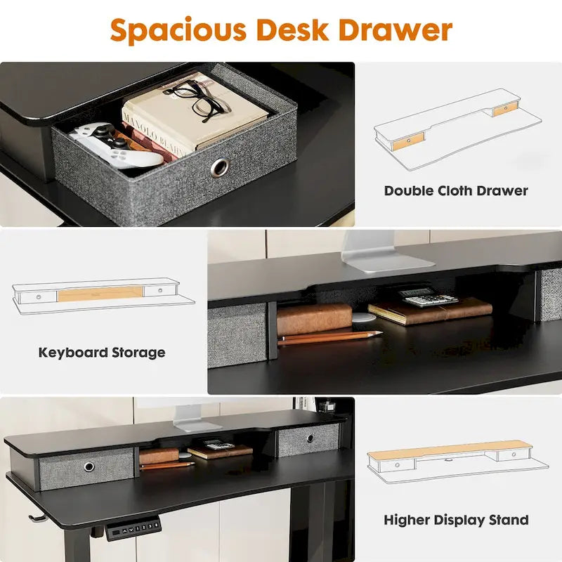 Black Adjustable Electric Standing Desk with Storage and Double Drawer for Home Office