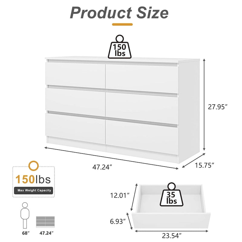 6-Drawer Wide Dresser, 47.25 Inch, Double Dresser and TV Stand